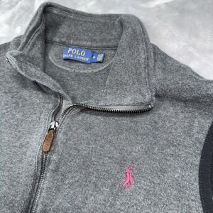 Polo Ralph Lauren Mens M Gray Sweater Vest Full Zip 100% Cotton Maroon Pony